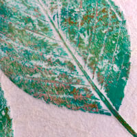 Image 5 of Collage on Rice Paper, Leaf Impressions, 3 Teal Green Leaves, 8x10 Ready to Frame 