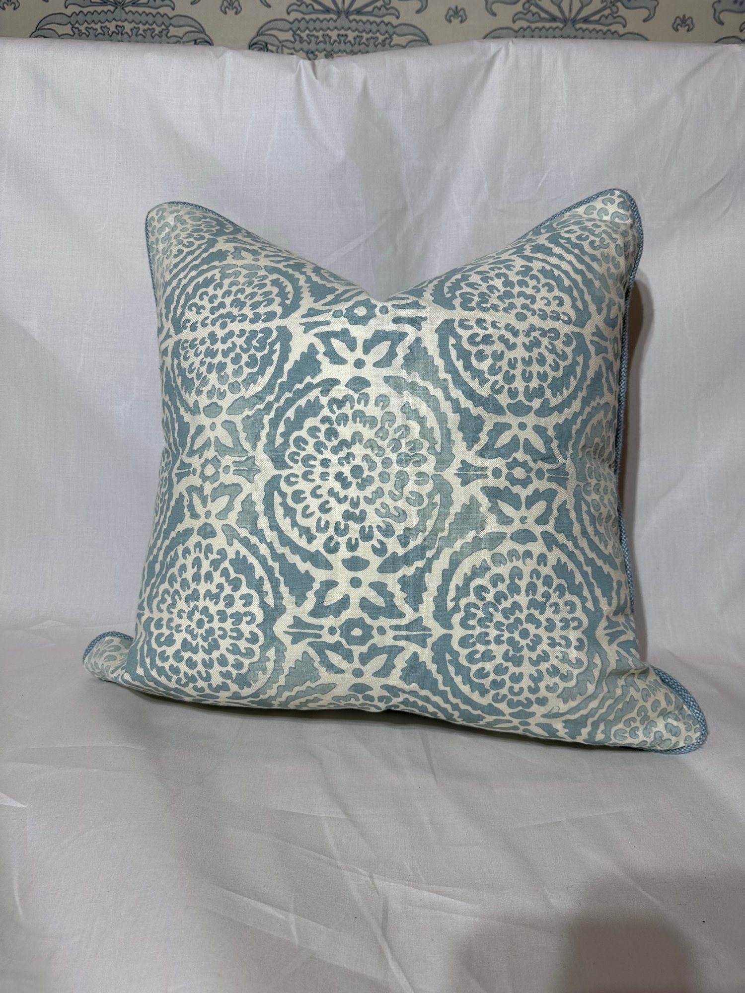 Image of Blue block print peony pillow