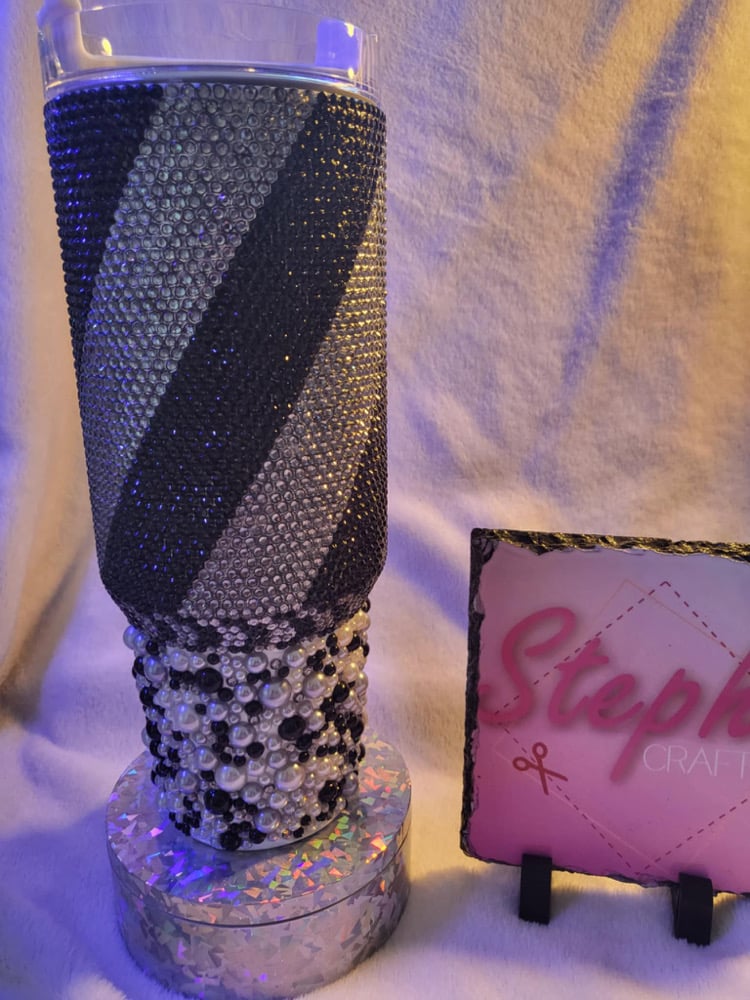 Image of black and silver rhinestone and pearl  tumbler