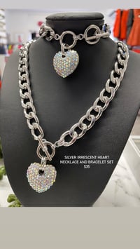SILVER IRIDESCENT HEART NECKLACE AND BRACELET SET
