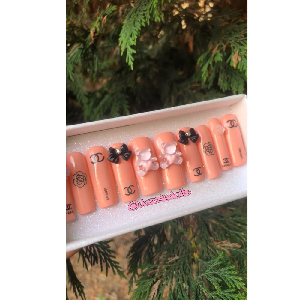 Image of pink chanel inspired teddy bear square shaped set