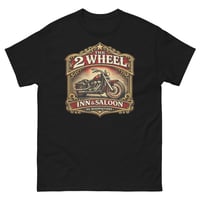 Image 2 of  Two Wheels Saloon Unisex T-Shirt | Biker Bar Graphic Tee | Motorcycle Rider Western Shirt
