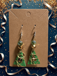 Green Triangle Wire Wrapped Earrings 