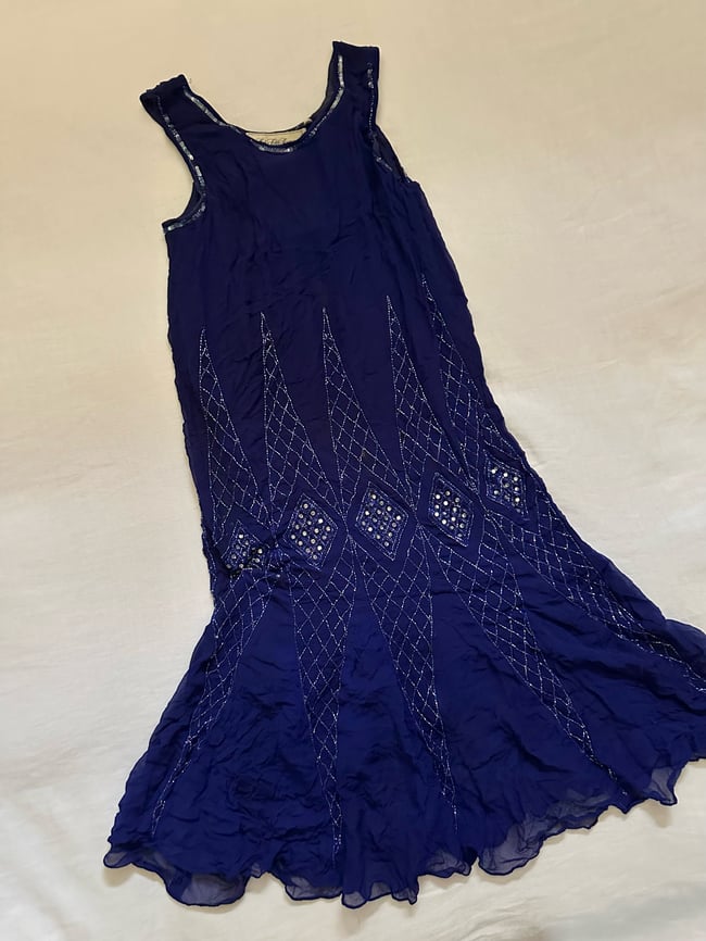 70s does 20s Saks Fifth Avenue sapphire silk flapper dress 