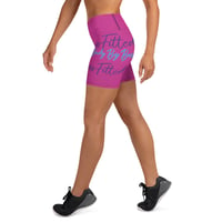 Image 1 of BOSSFITTED Solid Pink Yoga Shorts w/ Purple and Blue Writing