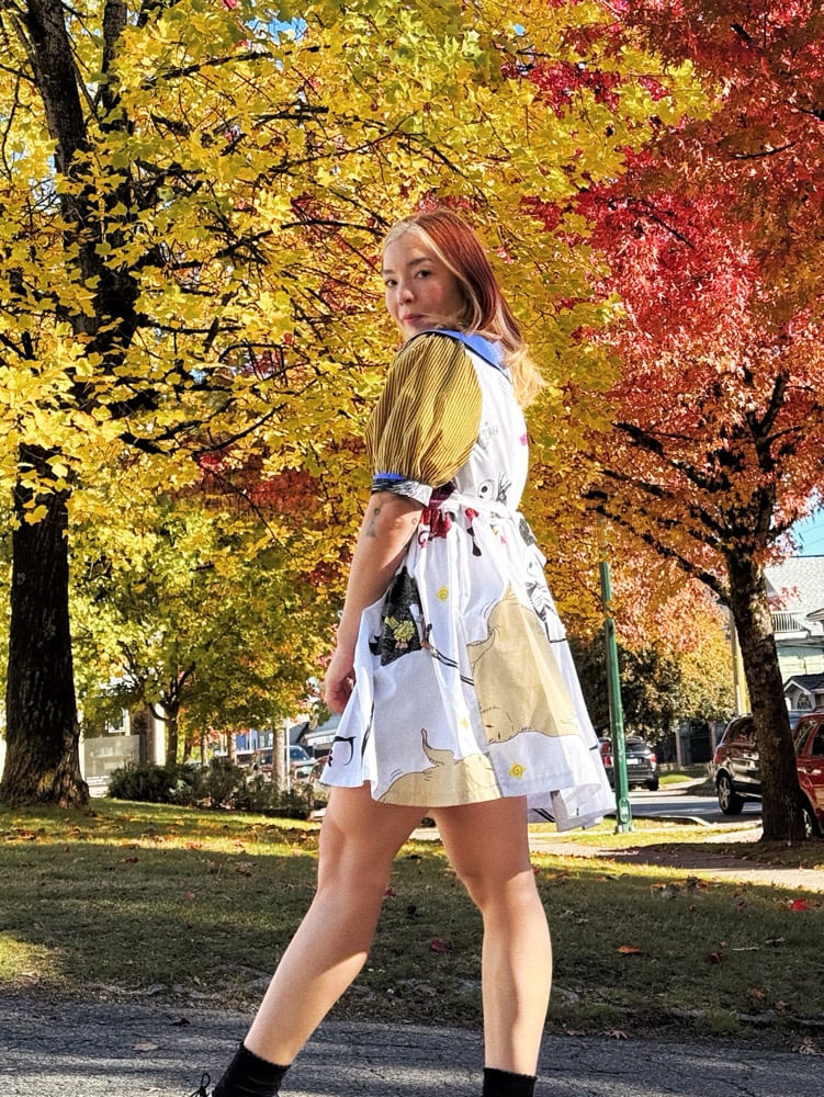 Image of Collared Puff Sleeve Dress — Halloween Yellow Stripes