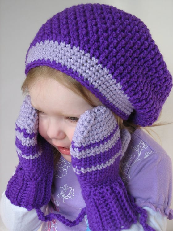 Image of Kids Slouchy Beret & Mittens on a String Crochet Pattern Set