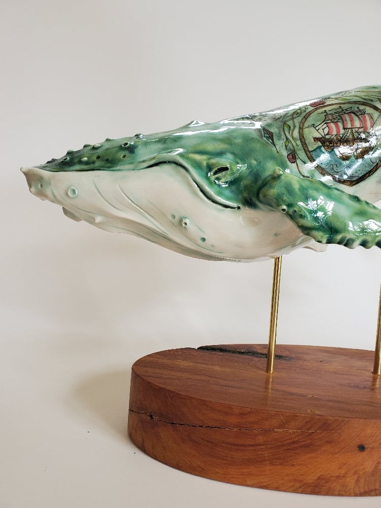 Scrimshaw Whale with clipper ship and seahorse