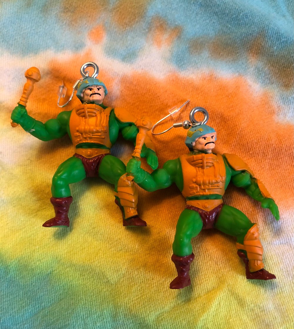 “Ahhhaahaaa—I’m SKELETOR!” & Friends. Except He-Man, he sucks. Upcycled toy earrings.