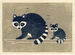 Image of RACCOONS hand-pulled linocut illustration art print
