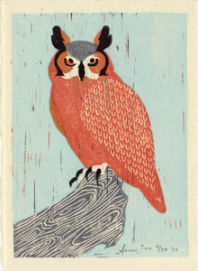 Image of GREAT HORNED OWL hand-pulled linocut illustration art print