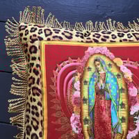 Image 2 of Leopard print fabric and red virgin of Guadalupe cushion cover with gold fringe or black fringe