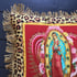 Leopard print fabric and red virgin of Guadalupe cushion cover with gold fringe Image 2