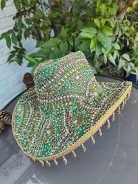 Image 1 of Dolly cowboy hat - recycled sari fabric Dark Green pearls