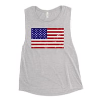 Image 2 of USA Flag Distressed - Tank, Flowy Swoop Ladies’ Muscle Tank from PatriotsCo.com