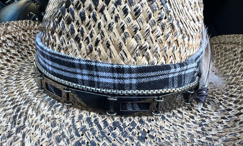 Aged Brown Cowboy Hat Bandanna, Rectangle Chain and Feather Band