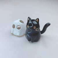 Image 4 of Black kitten with ghost mask ceramic figurine (tiny Hole For Flowers)