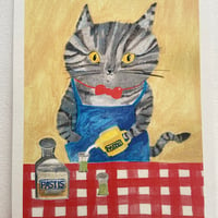 Image 2 of ‘Chamedi’ art print in two sizes A5 or A4 tabby cat pouring an aperitif 