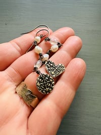 Image 4 of sterling silver pearl and rainbow moonstone charm earrings