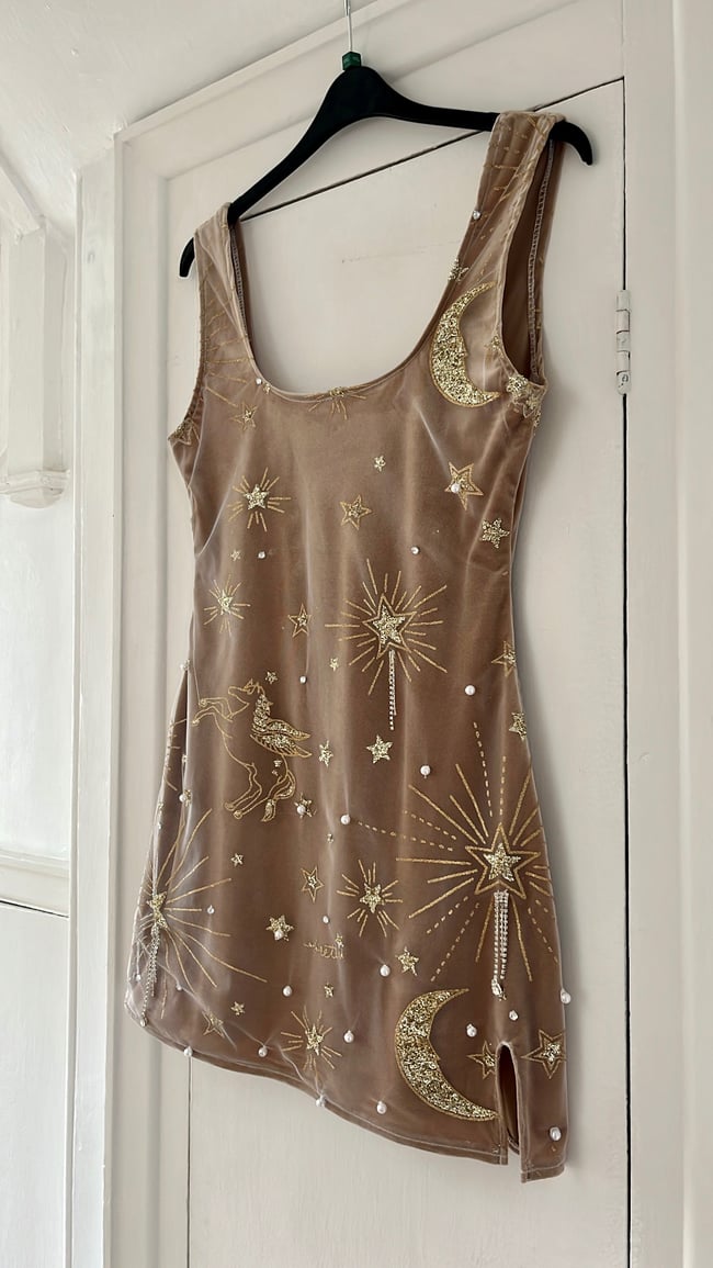 Sparkly horse, star, sun and moon sequin details tulle and champagne velvet dress