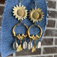Image 2 of Nectar// Brass Sunflower Mermaid Cowrie Earrings