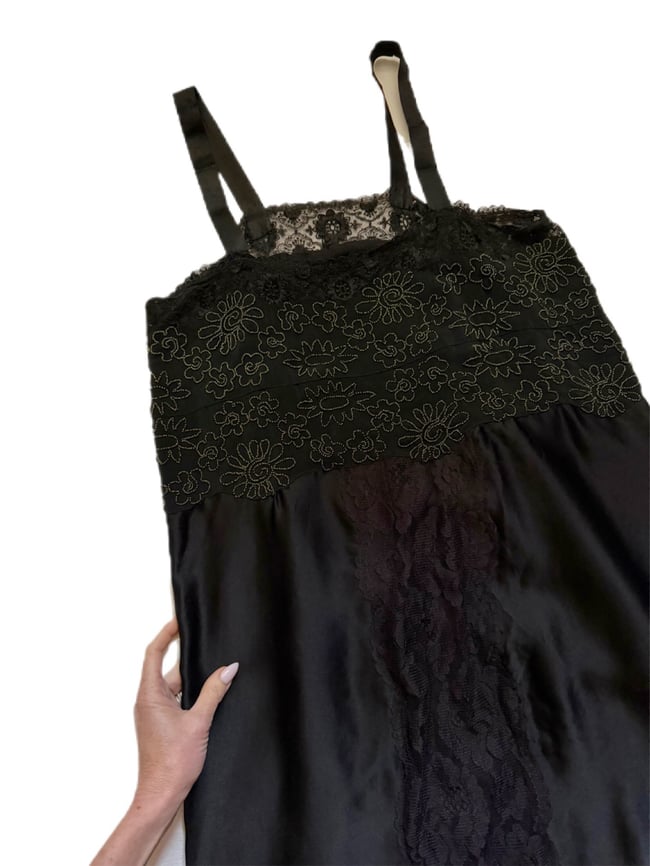 antique black silk hand beaded dress flapper lingerie 20s 30s