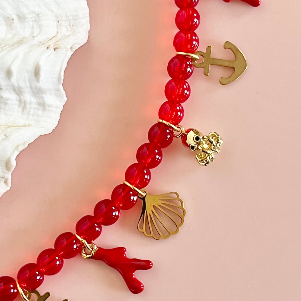 Image of Red and Pink Beaded Necklace with sea theme charms