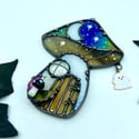 Orange & Iridescent Black Haunted Mushie Cottage Suncatcher