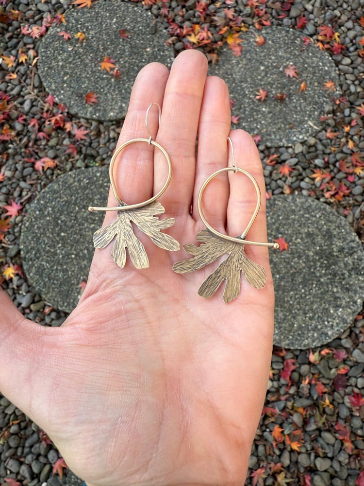 Image of Funky Ginkgo Shape Brass Statement Hoops