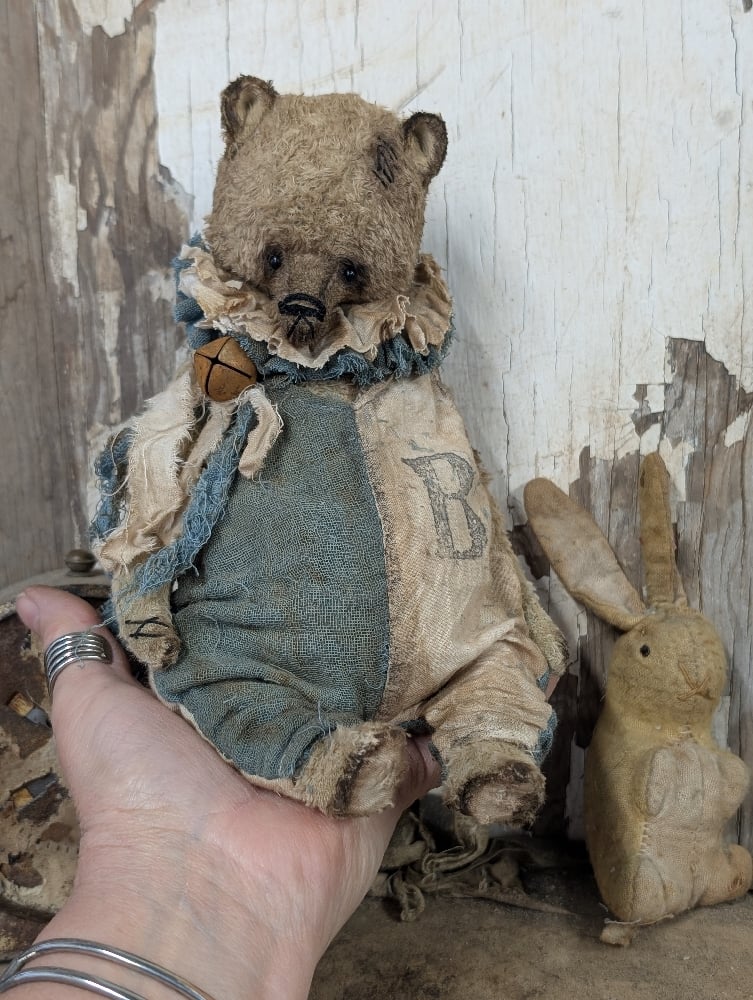 Image of  9" -Vintage Old Primitive Teddy Bear in romper  by Whendi's Bears