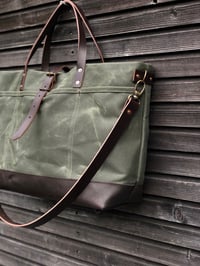Image 5 of XL carryall made in olive green waxed filter twill