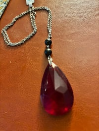 Image 2 of Steampunk repurposed necklace vintage plastic red teardrop with black pearl like beads