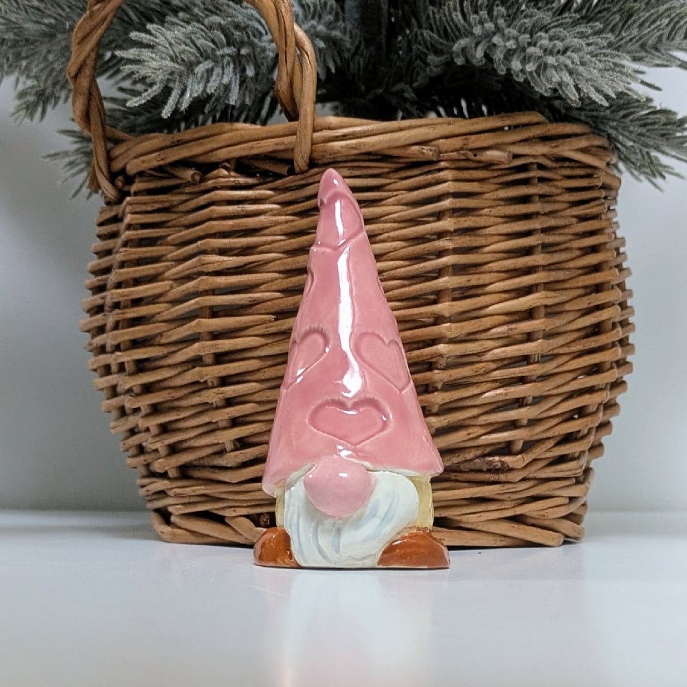 Image of Handmade pottery Pink Heart Embossed Gnome 