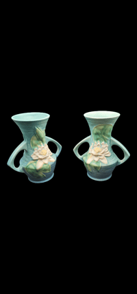 Image 1 of Set of 2 Vintage Roseville Pottery Water Lily Vases 73-6"