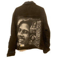 Image of Bob Marley Black  Preloved Patched Denim Jacket