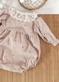 Image 2 of Baby girl bodysuit for photoshoots | Bethany | age 9-12 months | neutral beige | open work fabric