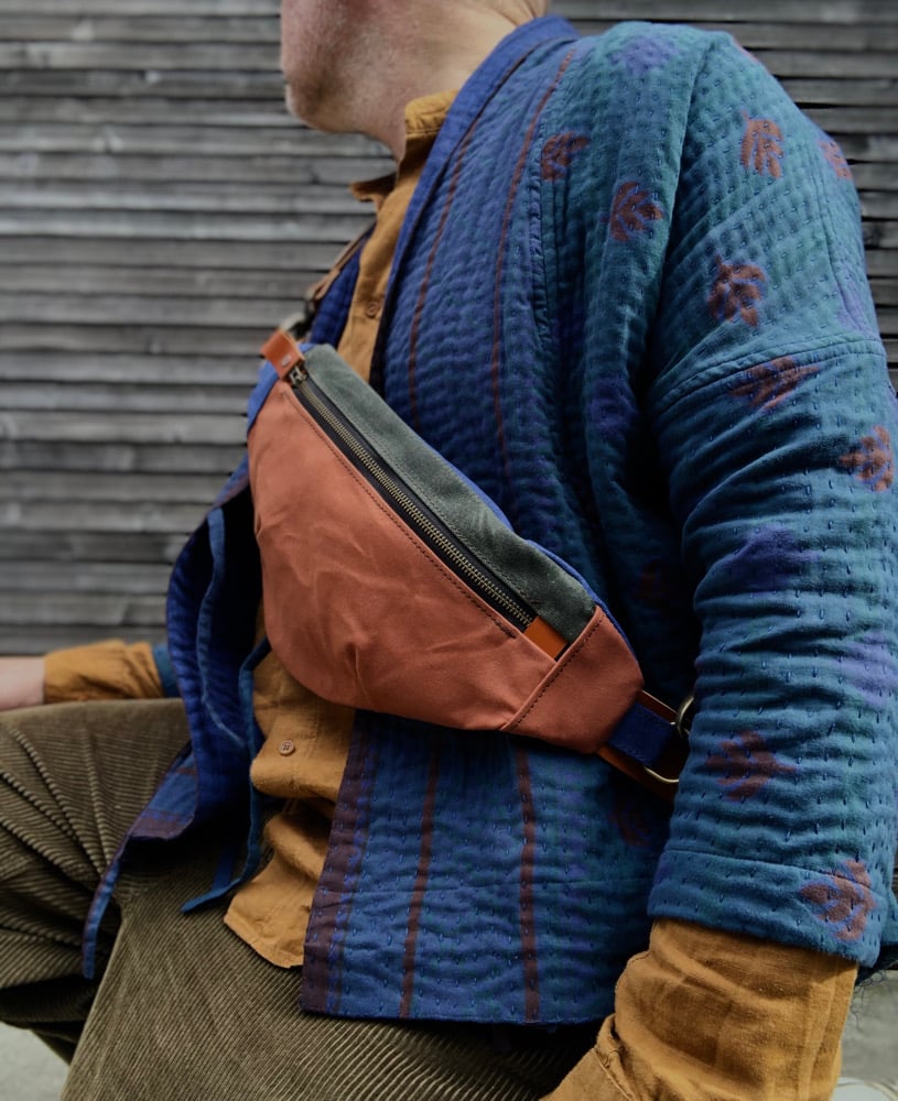 Image of Fanny pack in waxed canvas / sling bag / chest bag / day bag/ with leather shoulder strap