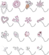 Image 6 of 16Pcs Nose Stud Rings Screw Shaped Nose Ring Flower Snake Butterfly Heart Eye CZ Dangle Nose Rings S