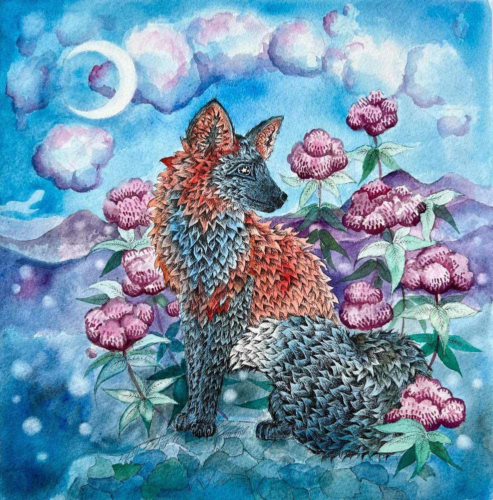 Image of Cross Fox & Clouds with Joe Pye Flowers 
