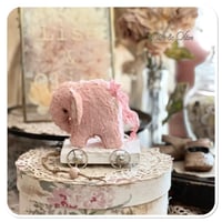 Image 1 of Handmade pink  teddy elephant on a little wooden cart.