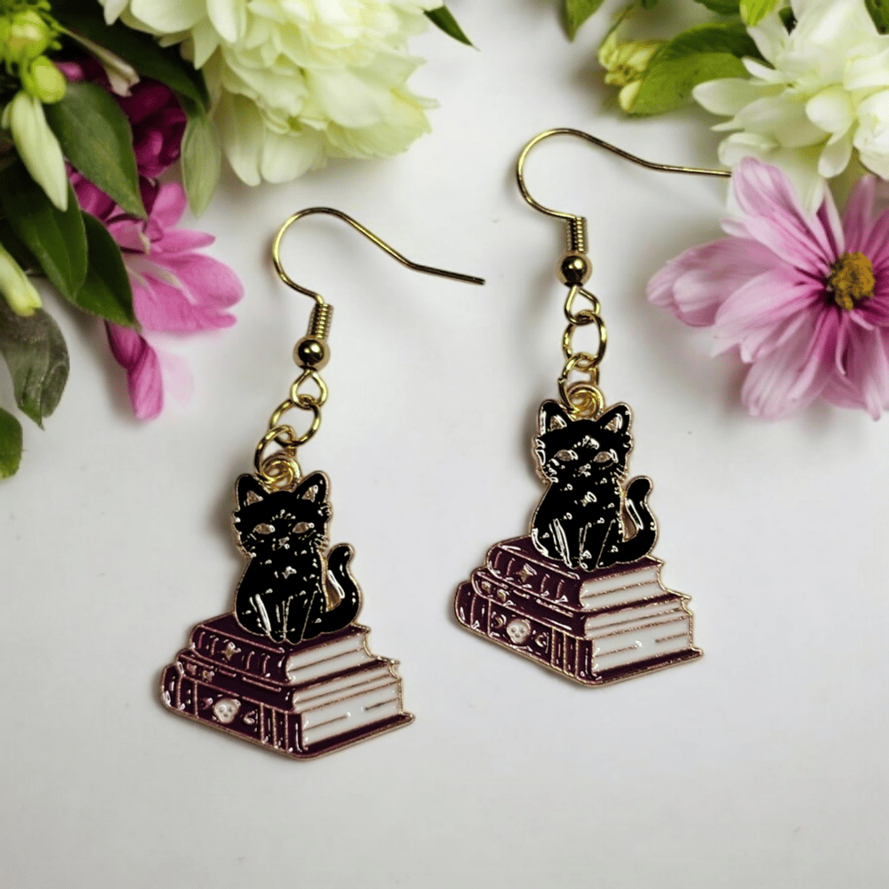 Image of Black Cat and Books Dangle Earrings