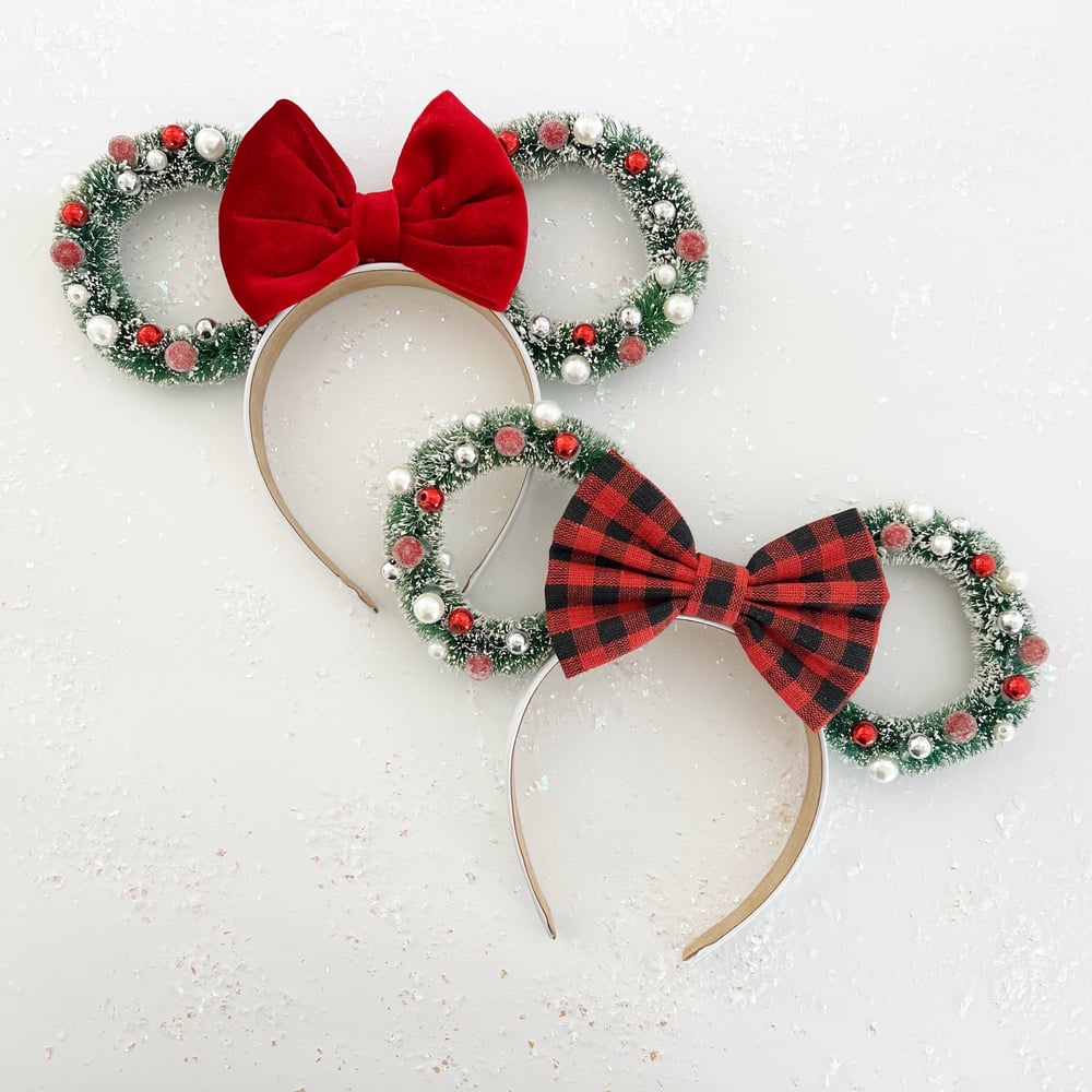 Image of Wreath Ears with Red Classic Bow - PREORDER