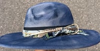 Image 2 of Handmade Blue Painted Panama Hat Multi Blue/Black Band Feather
