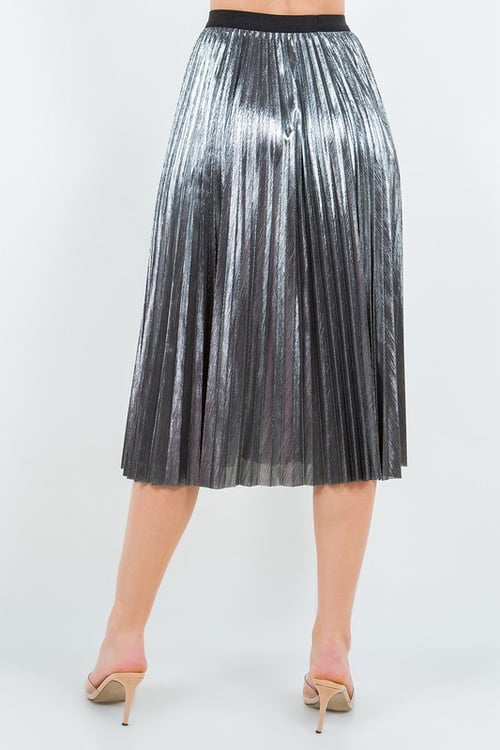 Image of Metallic Silver Pleated Midi Skirt