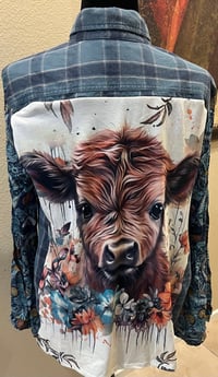 Image 1 of Vintage Funky Blue/White Flannel Shirt Floral Print Sleeves Highland Cow