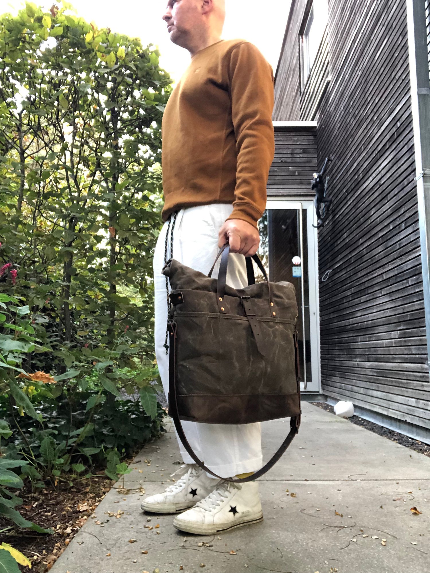 Image of Waxed canvas roll top tote bag / office bag with luggage handle attachment leather handles and shoul