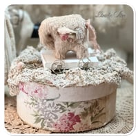 Image 1 of Handmade beige teddy elephant on a little wooden cart.