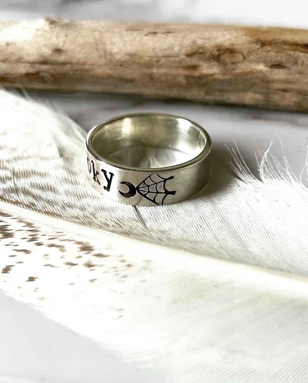 Sterling Silver Spooky Crescent Moon Spiderweb Ring 925