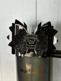 Image 1 of Black White and Silver Trash Panda Tumbler Straw Topper Bow