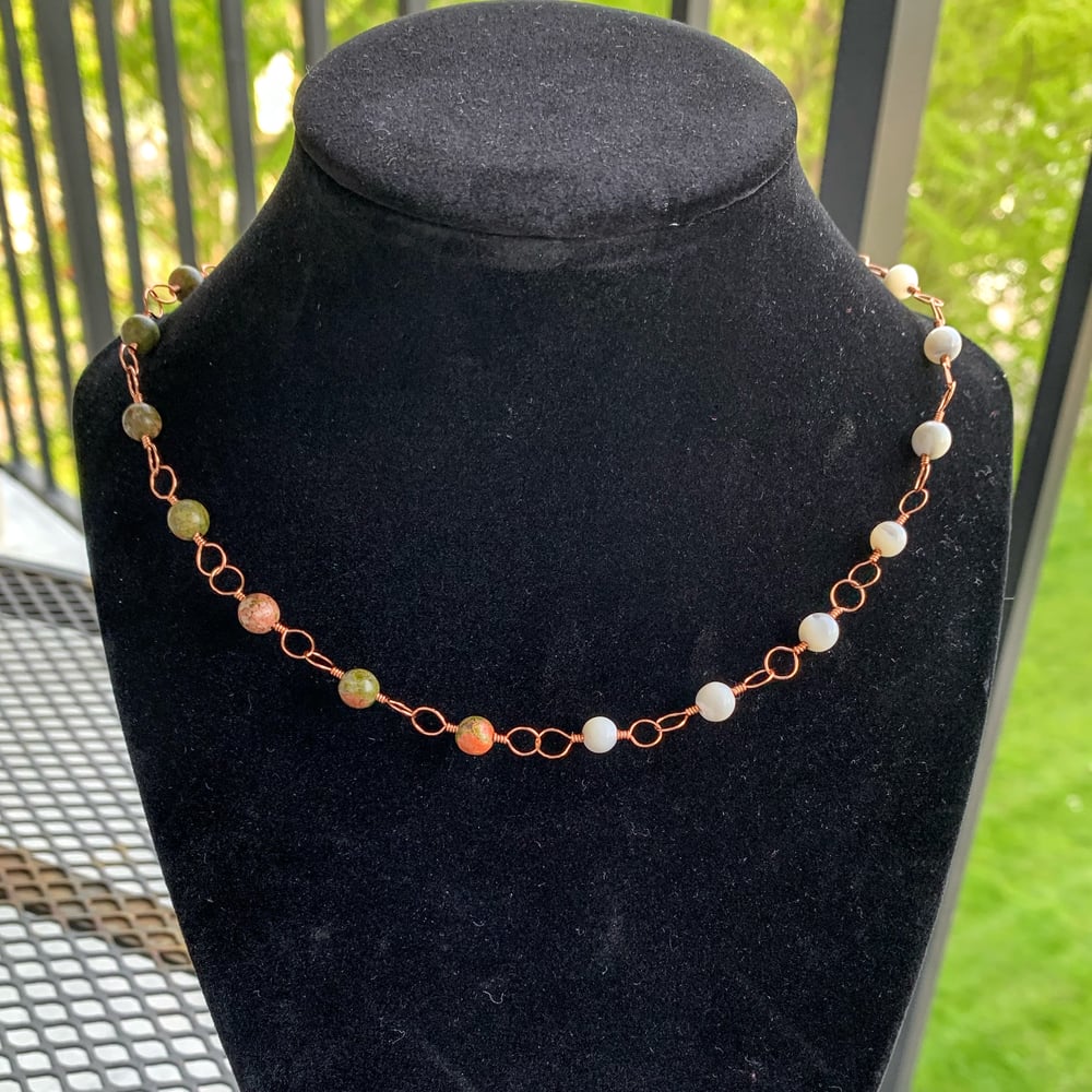 unakite & mother of pearl wire wrapped necklace